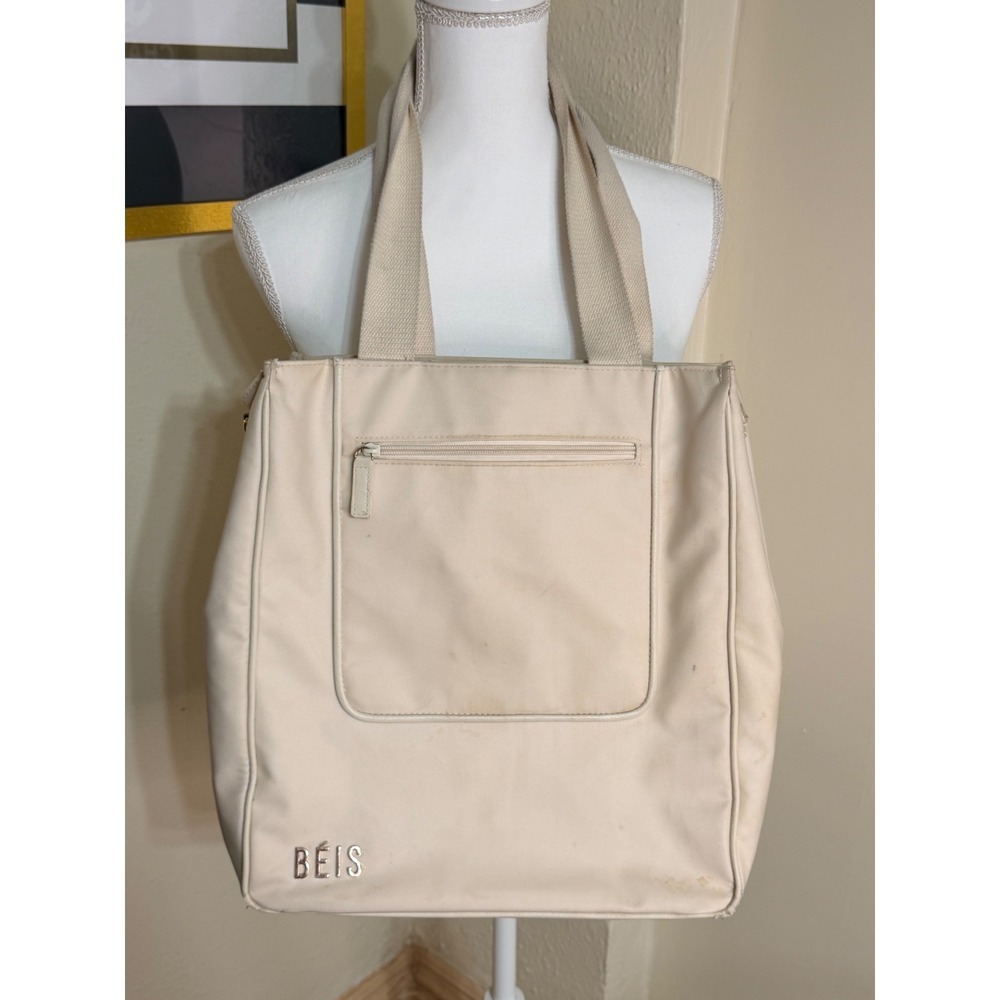 BEIS Work Tote Bag Beige Nylon Laptop Travel Shoulder Bag